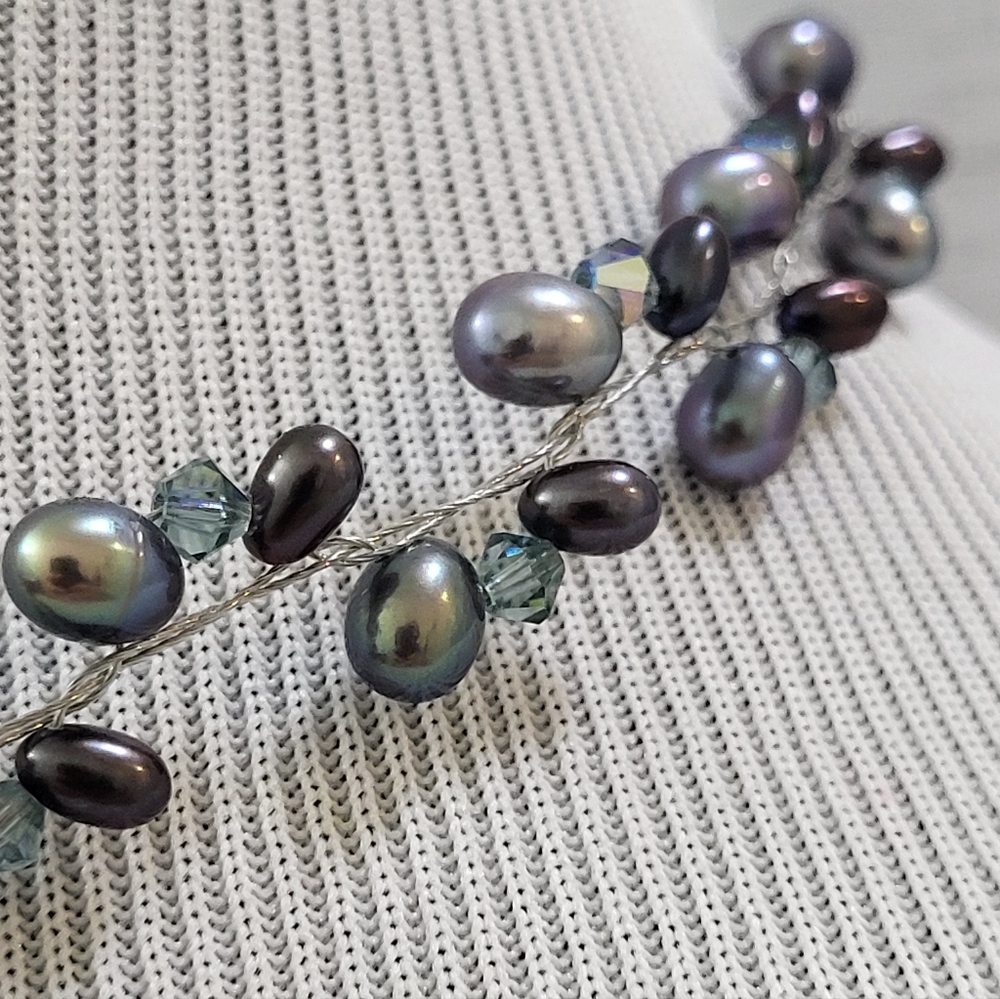 Blue Freshwater Pearl Wire Adjustable Necklace With Blue Iridescent Crystals - Picture 2 of 7